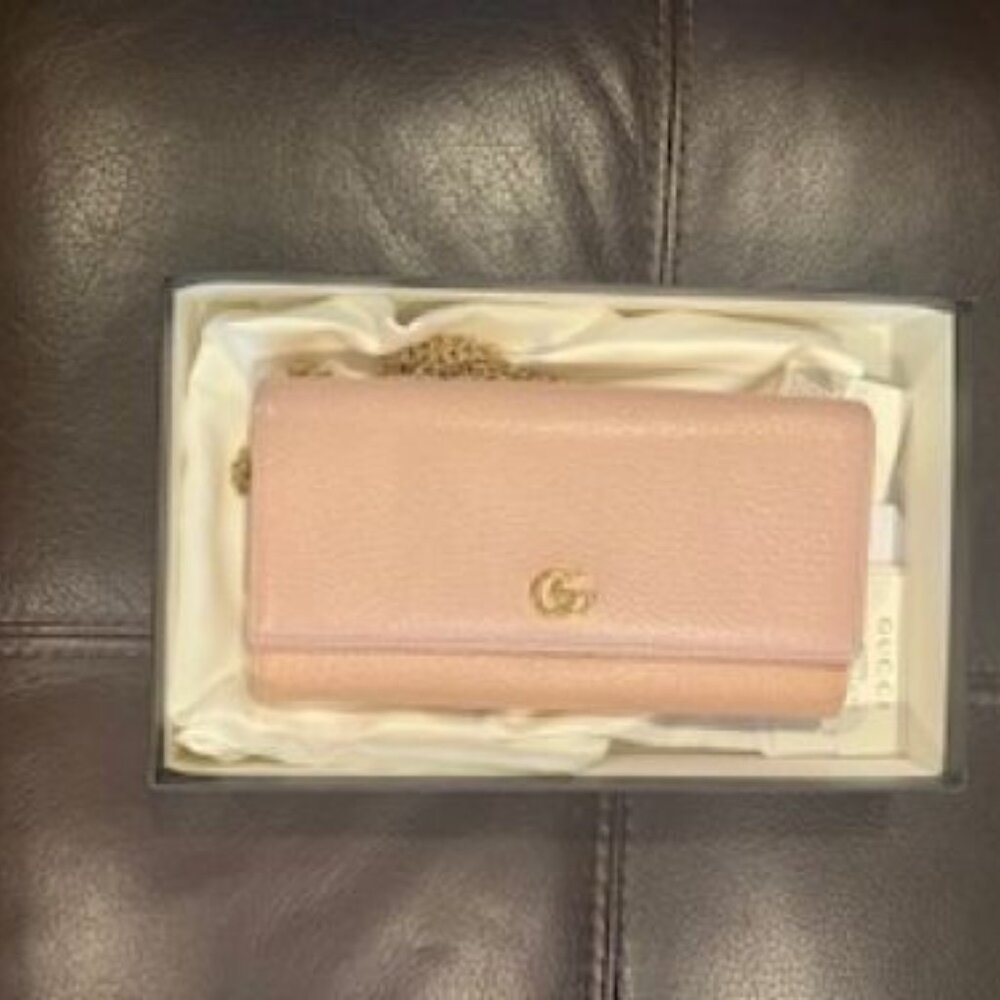 Authentic GUCCI GG Marmont Flap Wallet Cahin Pink Gold Leather